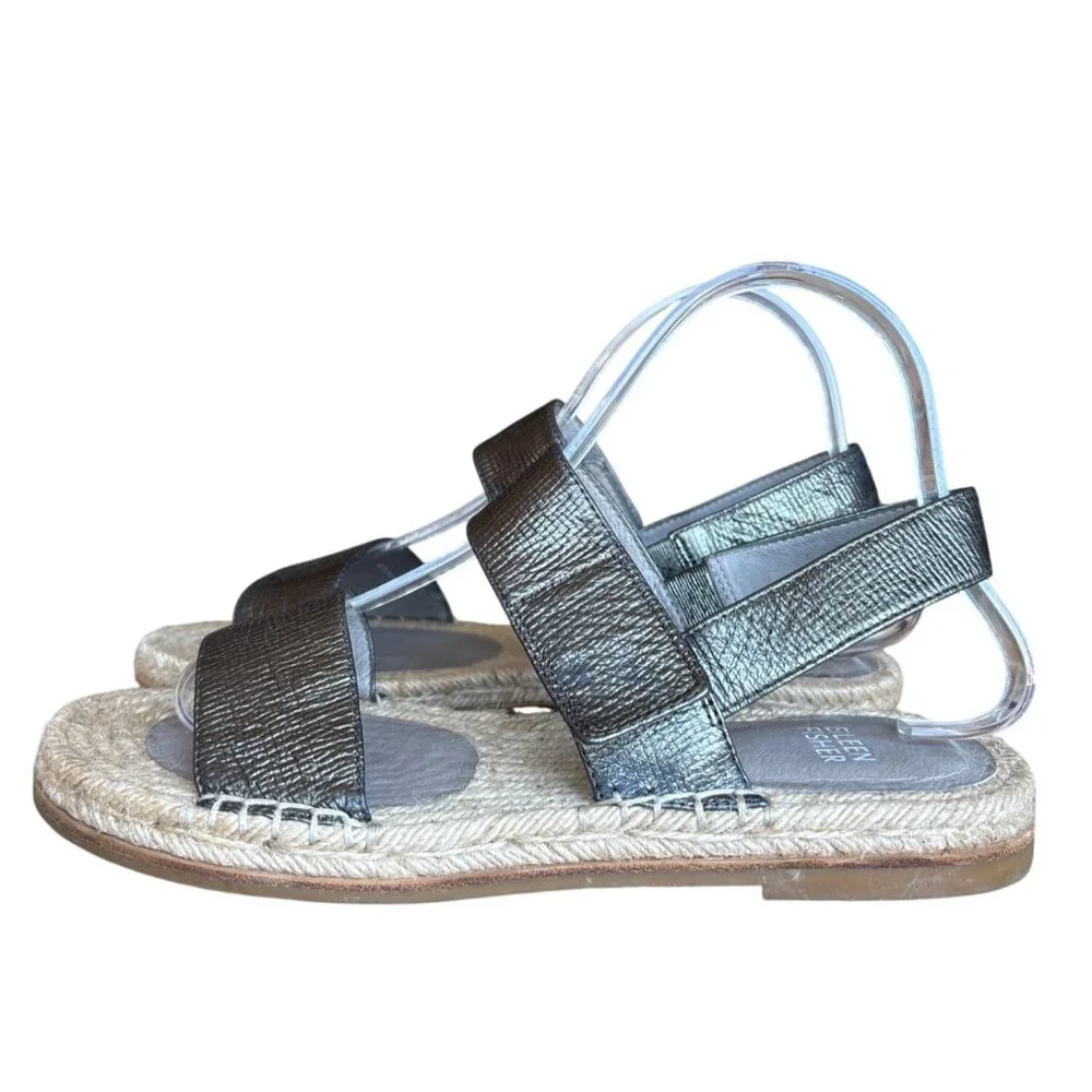 Eileen Fisher Max Metallic Leather Bronze‎ Size 8.5 Espadrille Sandal Adj Strap